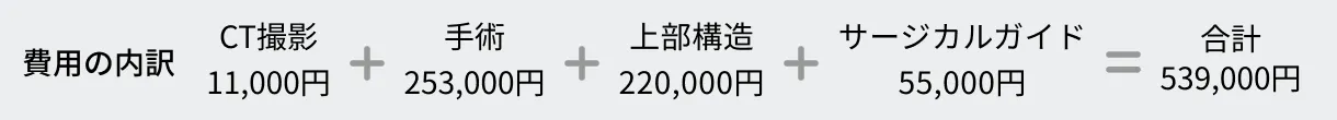 費用の内訳／CT撮影 11,000円+手術 253,000円+上部構造 220,000円+サージカルガイド 55,000円=合計 539,000円