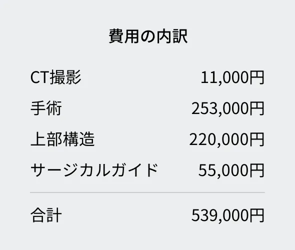 費用の内訳／CT撮影 11,000円+手術 253,000円+上部構造 220,000円+サージカルガイド 55,000円=合計 539,000円